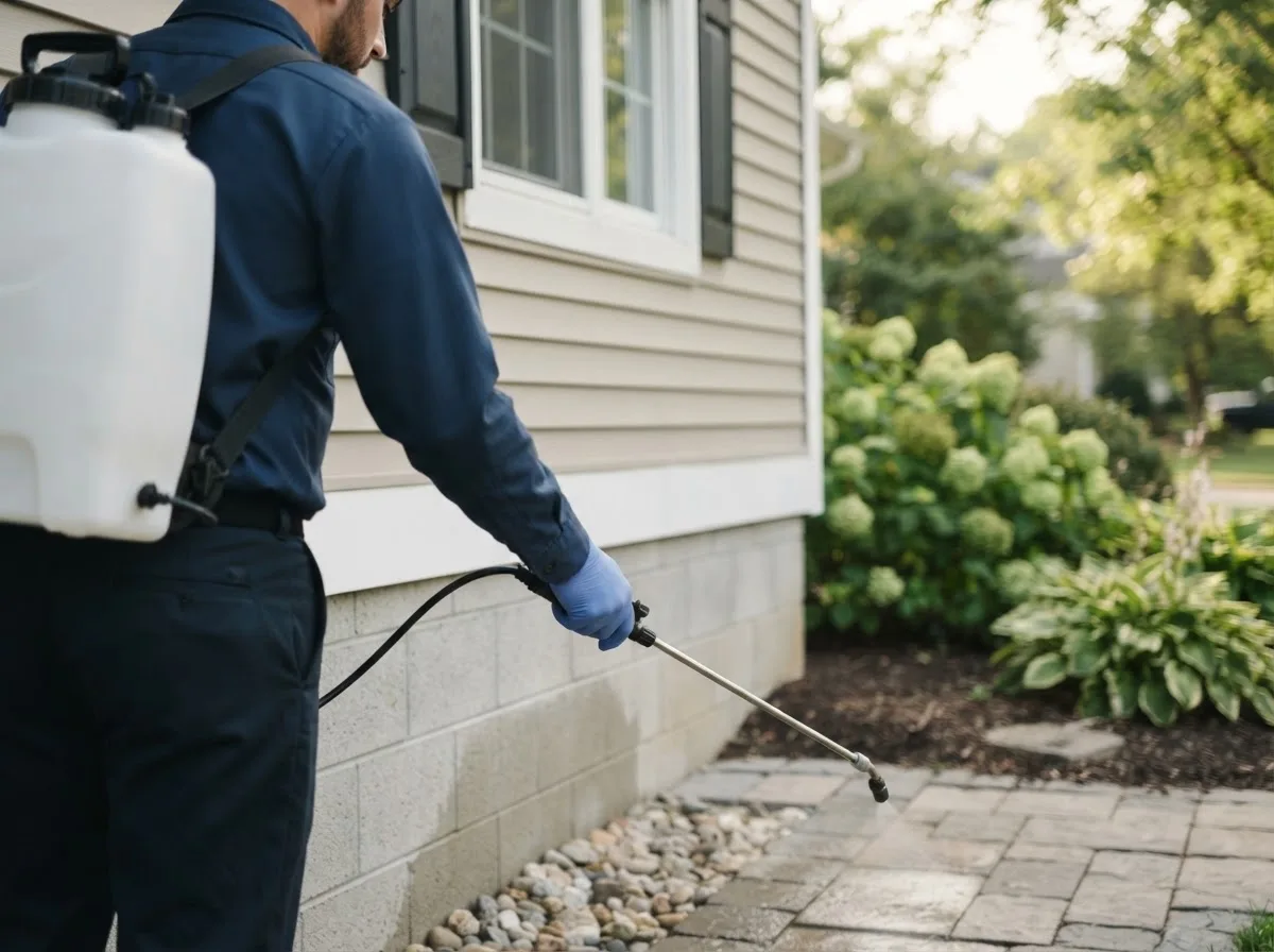Pest control technician inspecting a home in Hensley, WV